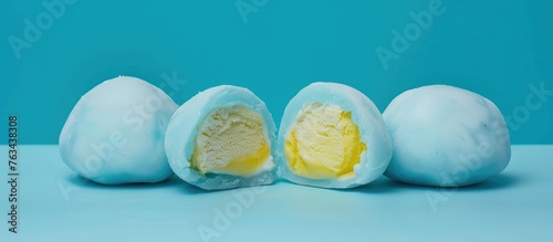 mochi ice cream filled on blue background.