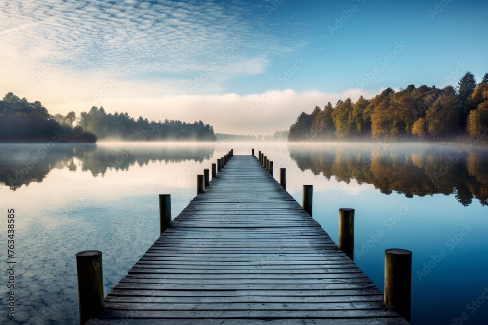 Tranquil lake scene with a wooden jetty stretching into the water