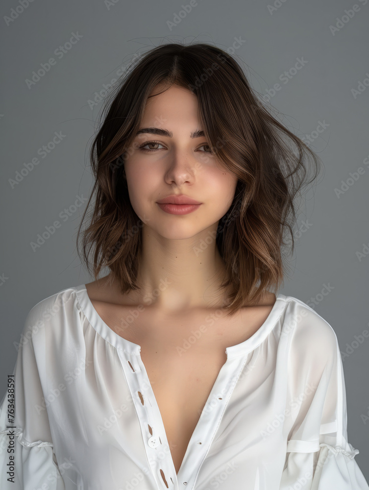 A young woman with stylish short hair, wearing a simple, elegant white blouse, portrays a subtle and natural beauty
