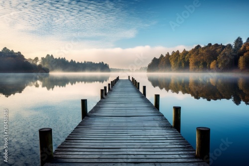 Tranquil lake scene with a wooden jetty stretching into the water
