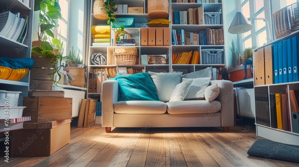A living room filled with books and furniture neatly arranged, showcasing a well-organized space with a cozy atmosphere