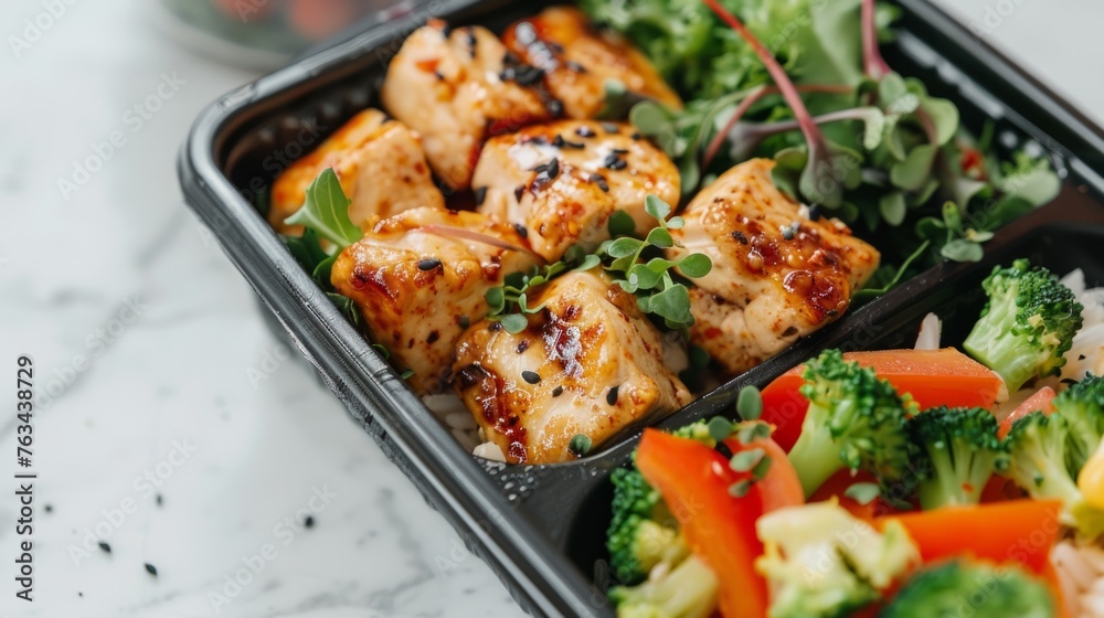 A plastic container filled with a healthy meal of chicken and fresh vegetables, ready to support a balanced diet and nutritious eating habits A plastic container filled with a healthy meal of chicken and fresh vegetables, ready to support a balanced diet and nutritious eating habits