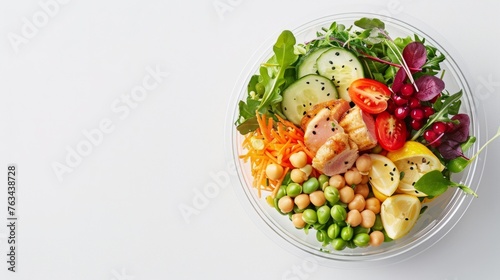 A bowl filled with a colorful array of fresh vegetables and cooked meat placed on top of a white table