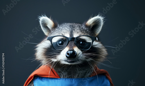Close up portrait of a raccoon in a superman costume wearing glasses   © Sunny