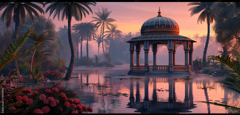 A secluded gazebo within the navy blue elf palace oasis, designed with elven elegance, surrounded by whispering palms and tranquil waters, under a soft pastel orange twilight - obrazy, fototapety, plakaty 