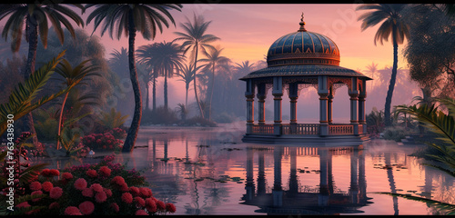 A secluded gazebo within the navy blue elf palace oasis, designed with elven elegance, surrounded by whispering palms and tranquil waters, under a soft pastel orange twilight photo