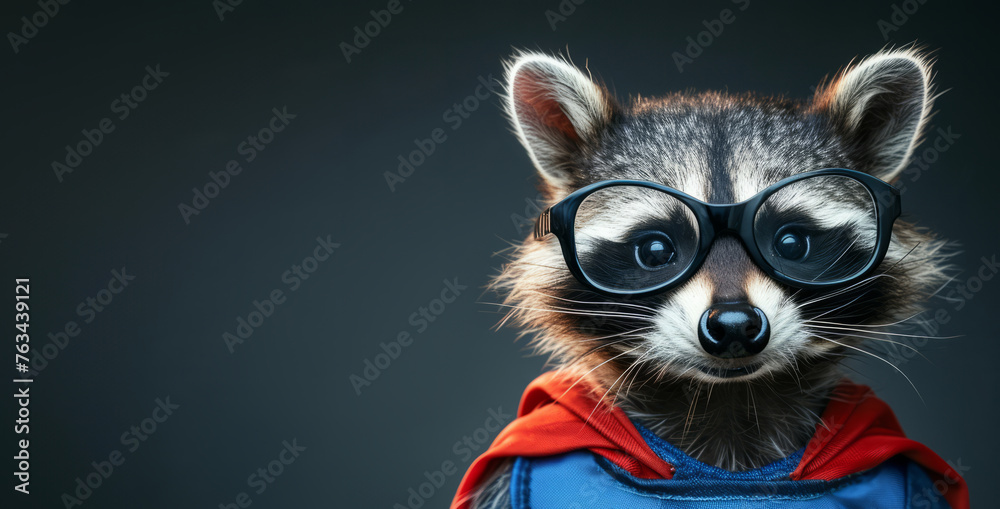 Obraz premium Close up portrait of a raccoon in a superman costume wearing glasses 