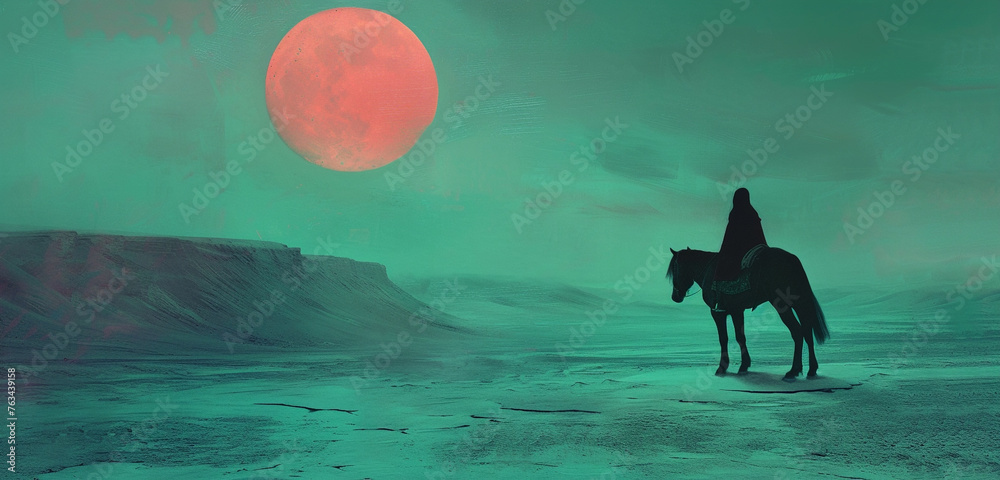 Under a magenta moon, a girl on a black horse wanders through a desert, the ground a soft shade of teal, quiet and otherworldly