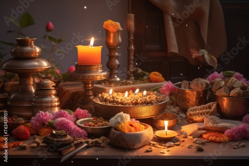 Beautifully set table with a lavish spread of food and glowing candles