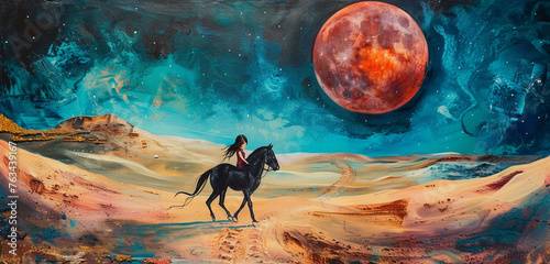 Under a rose moon, a girl on her gigantic black horse trots through desert sands painted aquamarine, creating a dreamlike landscape