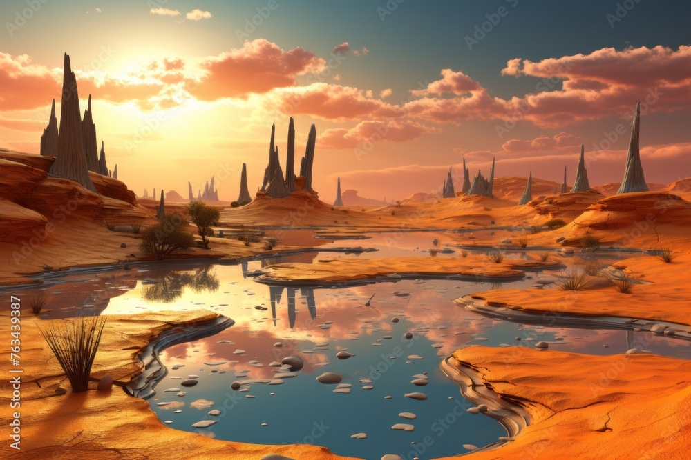 Surreal 3D desert landscape with floating islands and surreal skies