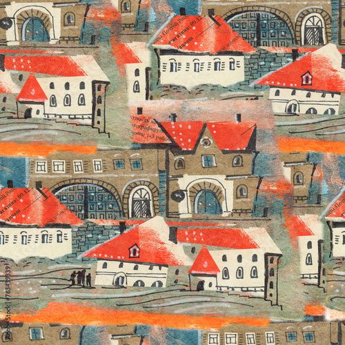 Seamless pattern with a small town. Paper application. Collage art.