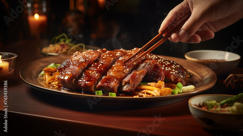 A  picture of a person using chopsticks to enjoy a plate of Peking duck with crispy skin and hoisin sauce. photo