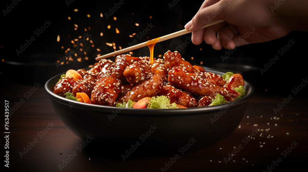 A  picture of a person using a pair of chopsticks to pick up a piece of General Tso's chicken, highlighting the delicious glaze. - obrazy, fototapety, plakaty 