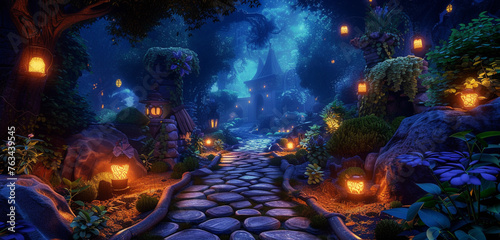 A secluded path lined with glowing stones leading to the navy blue elf palace through the lush oasis vegetation under a dark emerald night sky