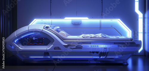 Visualize a sleek, high-tech laboratory bed against an indigo background. The design is modern and futuristic, with the bed as the sole focus and no humans depicted