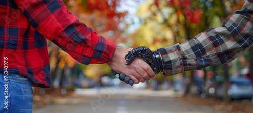 Human and robot handshake fusion of technology and humanity on blurred background