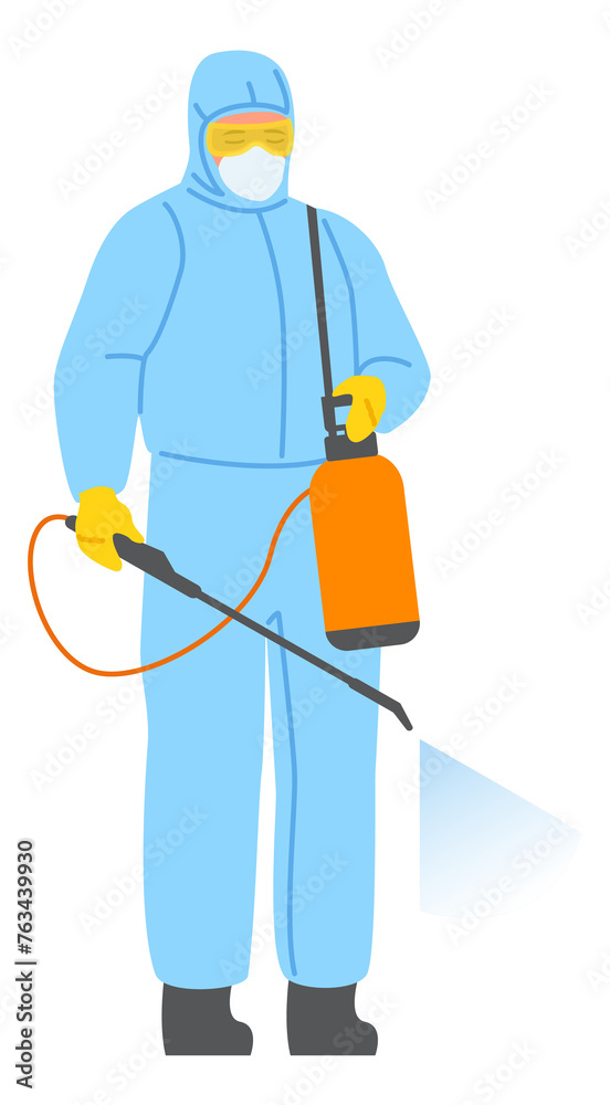 Worker in hazmat spraying. Professional disinfection service sanitizing