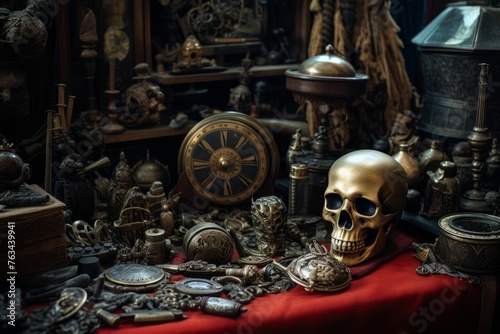 A close up of a pirate's collection of unique and eclectic trinkets, gathered from across the seven seas