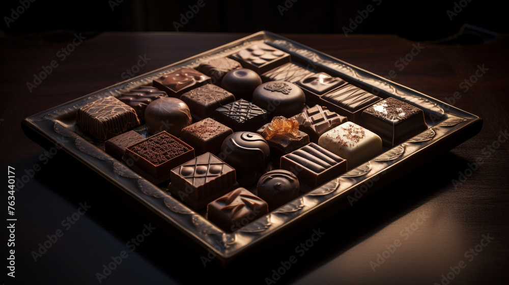 A picture of a tray of assorted chocolates, each piece showcasing its unique design, placed on a luxurious dark brown surface. A picture of a tray of assorted chocolates, each piece showcasing its unique design, placed on a luxurious dark brown surface.