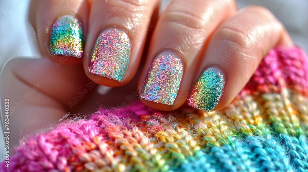 Stylish white glitter nail design on woman s hand complemented by a pastel colored sweater
