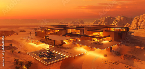A sprawling desert home with a flat roof and multiple rooms, bathed in the warm glow of sunset. 