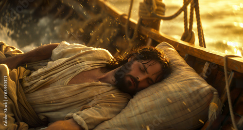 Illustration of the representation of Jesus Christ sleeping in a boat during the beginning of a great storm. Jesus Christ peacefully sleeping on the boat. photo