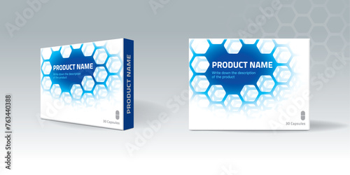 Medicines or drug capsule box packaging and package design. A health supplement or cosmetic packaging design template. Design with Molecular Structure. Box Design Mockup