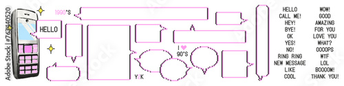 Trendy modern retro y2k elements set with pixel 8 bit speech bubbles and old button phone. Dialogue chat box templates with copy space and various text messages. 90s aesthetic vector illustration