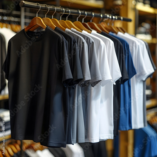 Men's t - shirts on a rack, plain colors, white, black, melage gray and France blue, round neck, short sleeves