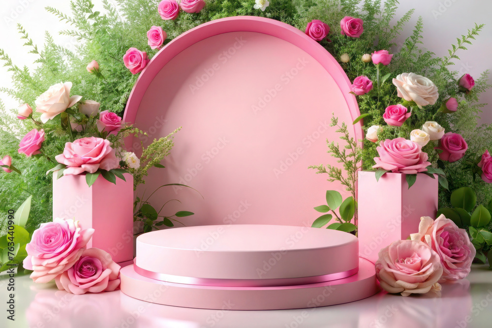 3D Spring Table Beauty Stand: Garden Rose Floral Summer Background Podium for Cosmetic Display, Perfect for Valentine's, Easter, and Romantic Gifts in Pink and Purple 3D Spring Table Beauty Stand: Garden Rose Floral Summer Background Podium for Cosmetic Display, Perfect for Valentine's, Easter, and Romantic Gifts in Pink and Purple