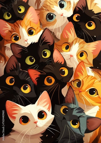 Colorful cartoon kittens cuddle together, perfect for cute backgrounds, greeting cards, and cat lovers' wallpapers
