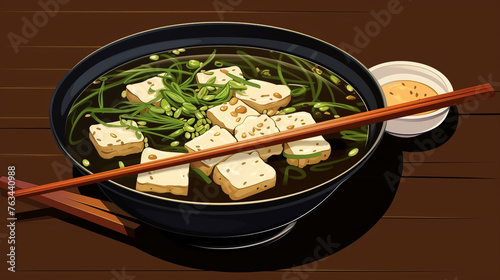 A  vector representation of a bowl of traditional miso soup with tofu and seaweed, symbolizing Japanese dining. © Mujtaba