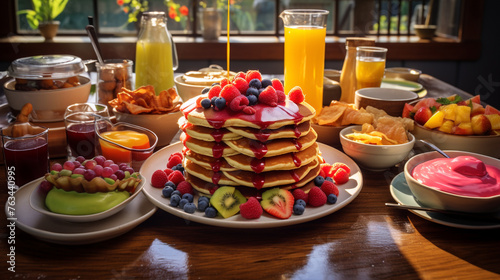 A  view of a brunch spread, featuring a table filled with a colorful array of pancakes, bacon, eggs, and fresh fruit, perfect for a leisurely weekend meal. © Mujtaba