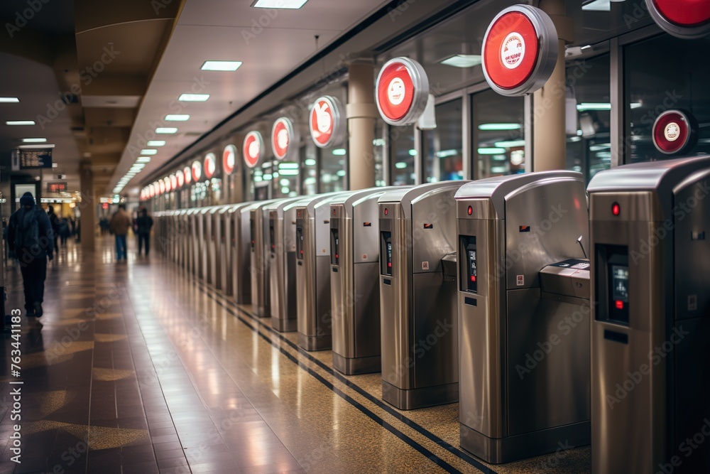 A long line of ticket machines with red buttons A long line of ticket machines with red buttons