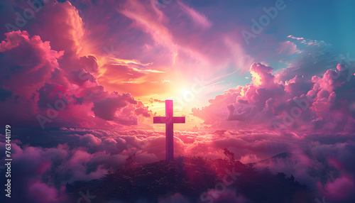 Christian Easter conceptual religious symbol on a colorful sky at sunset photo