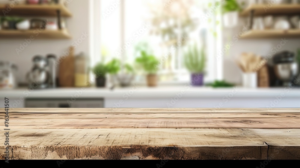 An empty beautiful wooden countertop and a blurred background of the interior of a modern kitchen. Product layout, product demonstration. Mockup. Inviting kitchen atmosphere. An empty beautiful wooden countertop and a blurred background of the interior of a modern kitchen. Product layout, product demonstration. Mockup. Inviting kitchen atmosphere.