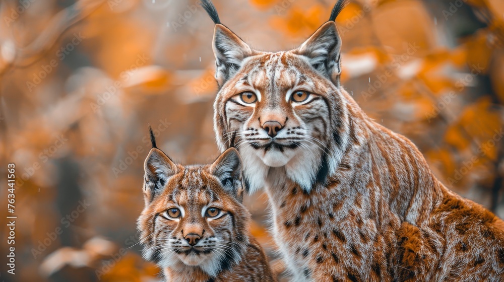 Fototapeta premium Male lynx and cub portrait with space for text, object on right side, perfect for adding information