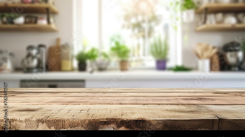 An empty beautiful wooden countertop and a blurred background of the interior of a modern kitchen. Product layout, product demonstration. Mockup. Inviting kitchen atmosphere.