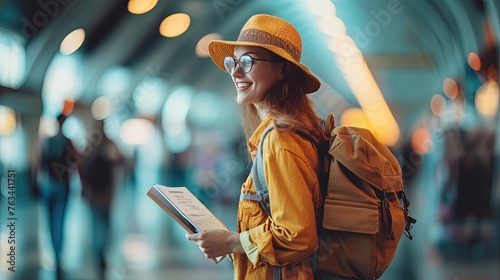 Travel, vacation or business concept. Airport and excited woman with backpack. Setting off on a journey! Woman with backpack at the airport. photo