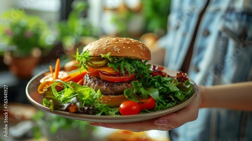 A masterpiece of flavor on a plate. Generous hand serving a colorful plate with a burger and fresh salad