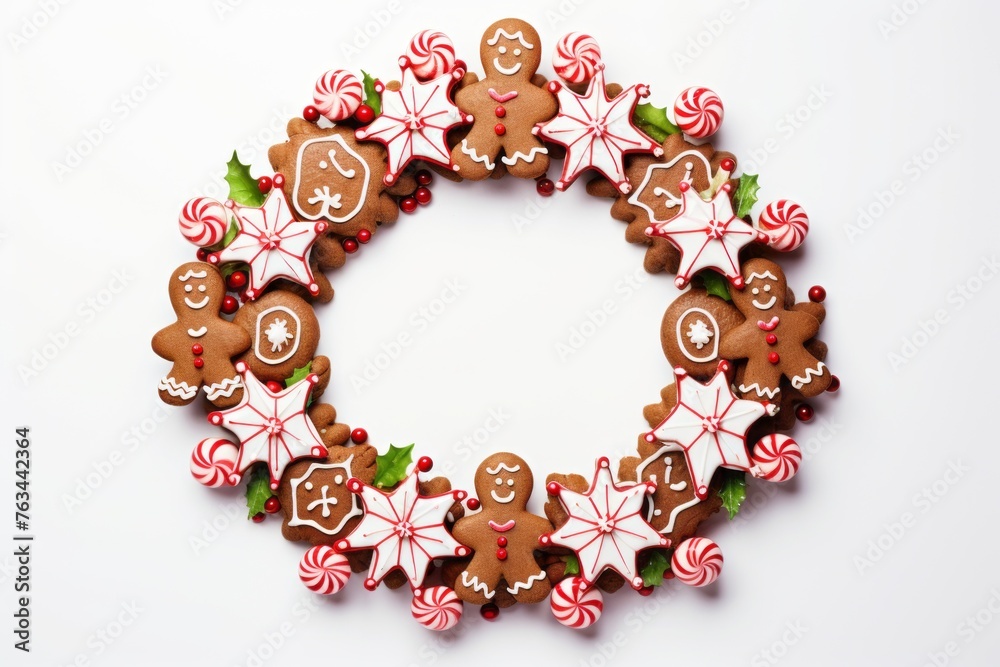 Festive christmas wreath made of delicious cookies and candy canes Festive christmas wreath made of delicious cookies and candy canes