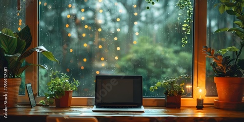Animeinspired empty window view of cozy study on a rainy day. Concept Anime-style Study Room, Rainy Day Vibes, Empty Window View, Cozy Interior