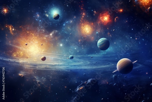 Cosmic and celestial wallpaper background featuring planets and galaxies in space