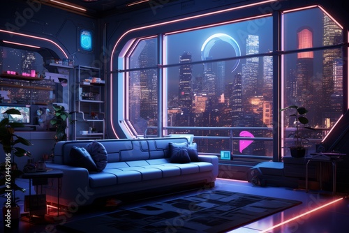Cyberpunk futuristic interior design featuring minimalistic yet functional aesthetics