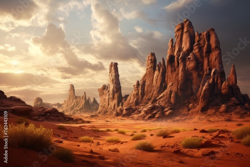 Dramatic rock formations rising from a desert landscape © KerXing