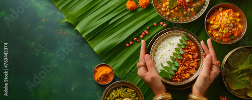 Copper dishes with national Indian food in hands on background of banana leaf. Onam Sadhya. Indian religious festivals. Niramish thali traditional vegetarian meal. Gudi Padva, Ugadi, Hindu New Year photo