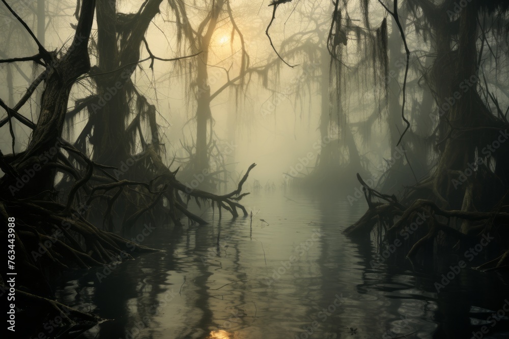 Misty swamp with a backdrop of towering trees