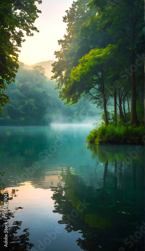morning on the lake with beautiful green trees