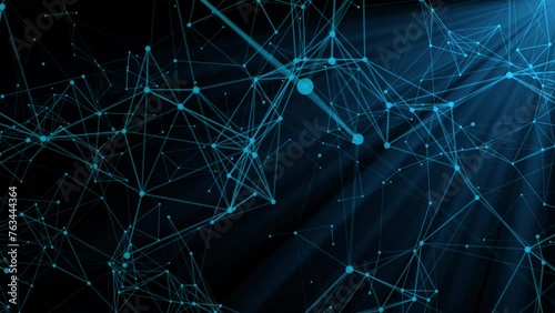 Abstract plexus tech background with glowing blue and yellow connecting lines and dots or nodes. Digital data network connectivity concept. This modern technology video is full HD and seamless loop